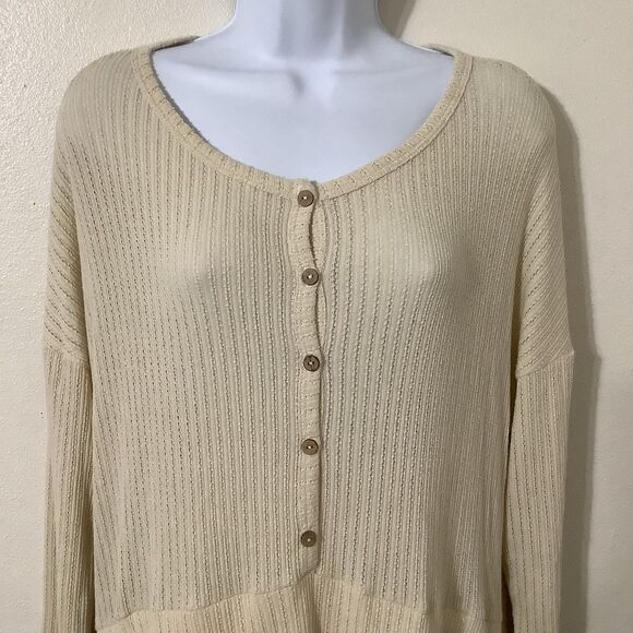 Lagenlook Cottagecore Casual Slouchy Waffle Knit Cream Button Detail Dress 1X - Picture 2 of 9